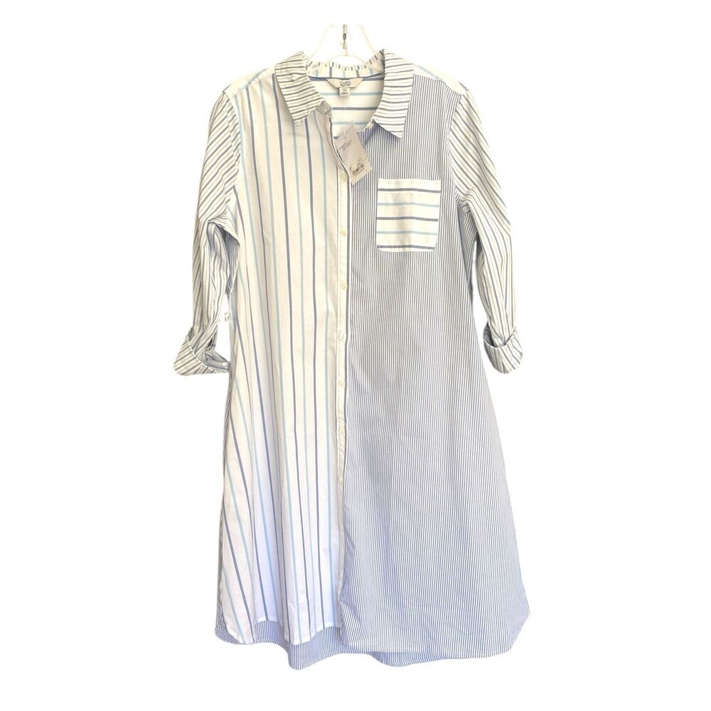 New Croft & Barrow Shirt Dress Womens Blue Striped Midi Roll Tab Sleeve Sz PM